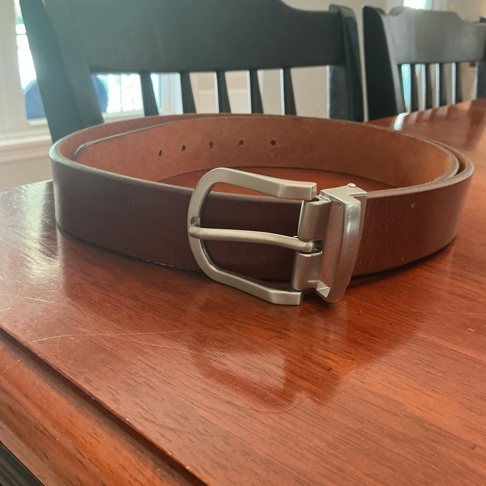 Brown Genuine Leather Men's Belt Size 42 Silver tone Buckle
